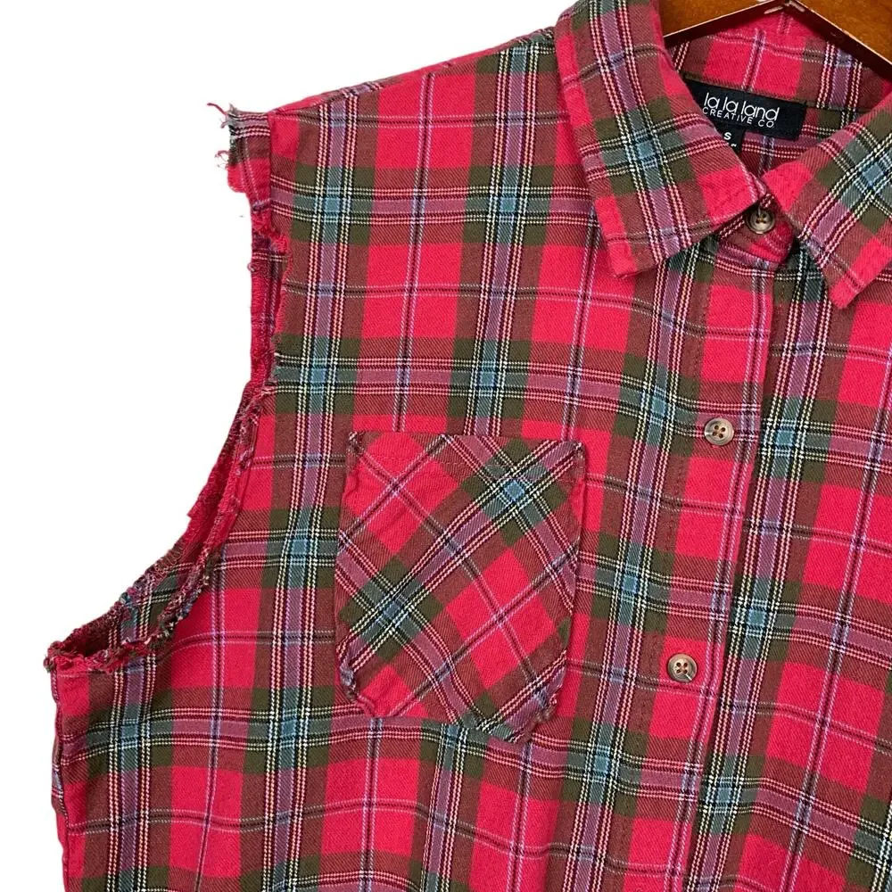 La La Land Creative Co Flannel Shirt Red Plaid Bleached Back Graphic Women's S - Picture 5 of 7